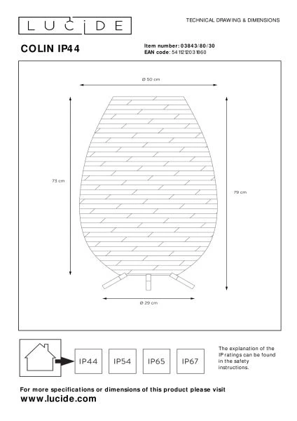 Lucide COLIN IP44 - Rechargeable Floor lamp Indoor/Outdoor - Battery pack/batteries - LED Dim. - 1x3W 3000K - IP44 - 3 StepDim - Black - technical